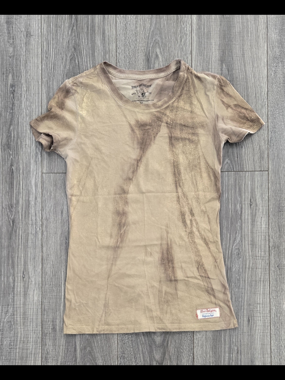 True Religion Women’s Metallic Foil World Tour Tee Made USA Small Y2K. #356